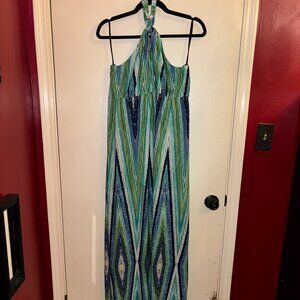 Snap Green, Blue & White Halter Maxi Dress